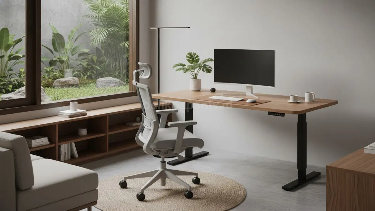 Furnitur ergonomis seperti kursi bersandar dan meja tinggi ideal mendukung kesehatan saat bekerja jangka panjang. (BTV/Ai)