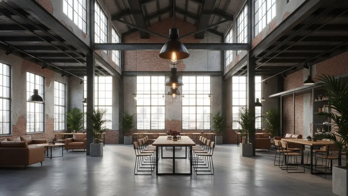 Gudang tua industrial populer diubah menjadi coworking space modern dengan ruang terbuka dan pencahayaan alami maksimal.(BTV/AI) 
