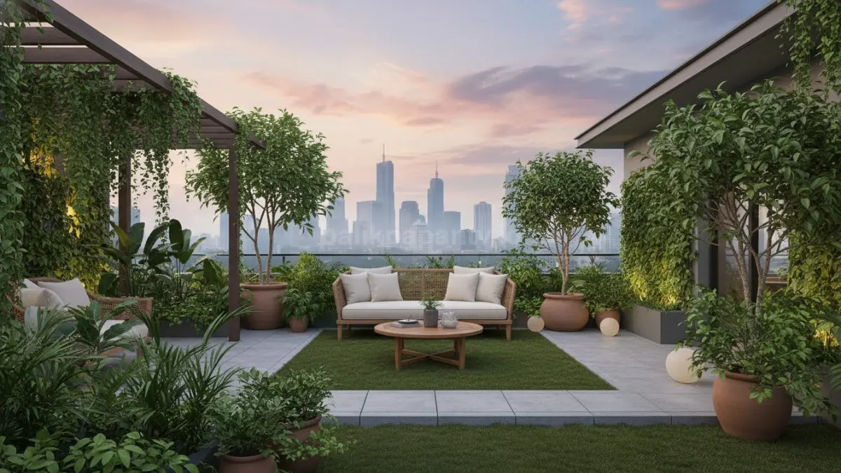 Ilustrasi desain arsitektur rooftop hijau dengan sistem irigasi modern. (BTV/Ai)