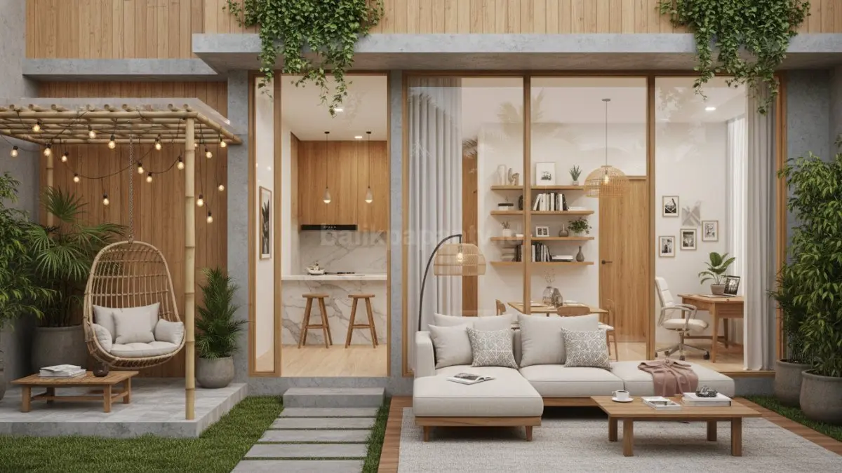 Interior rumah aesthetic ala cafe modern dengan lampu warm white dan sudut coffee corner cozy. (BTV/Ai)