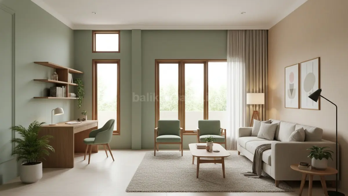 Interior rumah modern dengan warna sage green dan warm beige yang elegan serta nyaman untuk hunian 2026 (BTV/Ai)