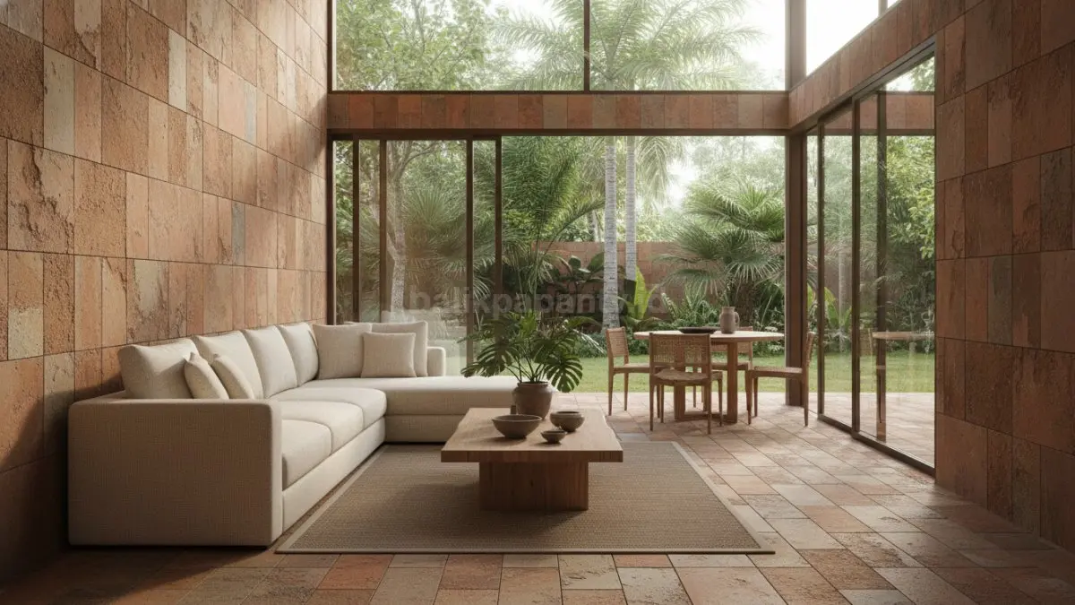 Interior rumah modern tampil hangat dengan keramik textured earthy dan pencahayaan alami yang lembut dan menenangkan. (BTV/AI)
