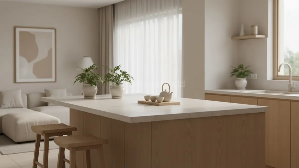 Island bergaya cafe Jepang minimalis membuat dapur terasa lebih tenang, hangat, dan estetik. (BTV/Ai)