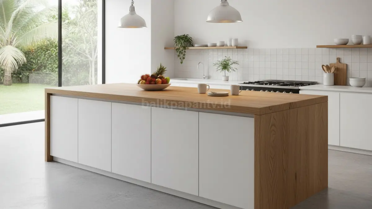 Island dengan meja kayu natural membuat dapur terlihat lebih hangat, modern, dan nyaman digunakan. (BTV/Ai)