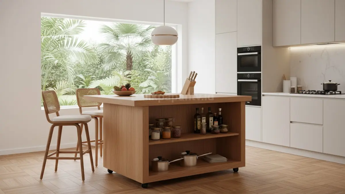 Island mini membuat dapur kecil tetap fungsional tanpa mengurangi kenyamanan dan estetika ruang. (BTV/Ai)