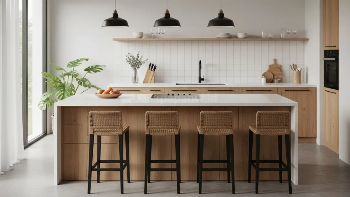 Island multifungsi dengan storage tersembunyi membuat dapur terlihat lebih rapi dan praktis digunakan. (BTV/Ai)