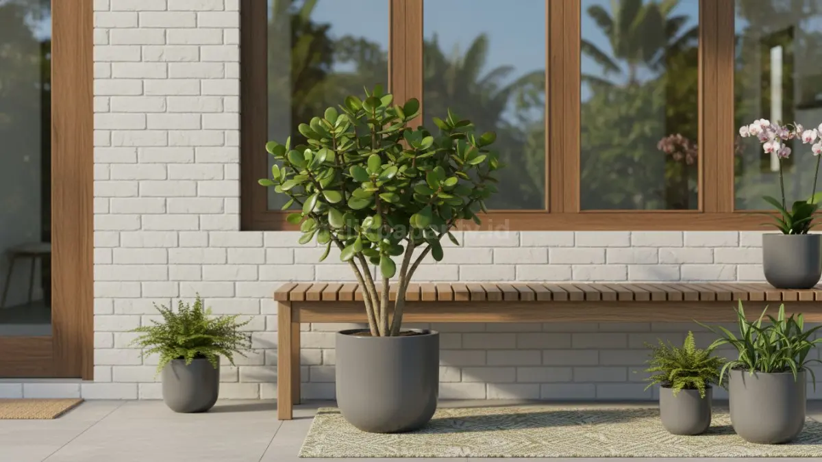 Jade plant mungil menghiasi teras rumah, dipercaya membawa rezeki, tetap cantik meski minim perawatan.