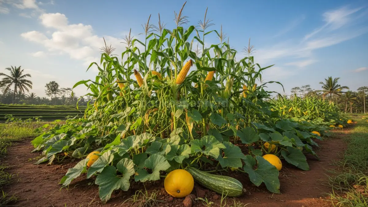 Jagung, kacang, dan labu membentuk sistem tanam saling mendukung untuk hasil kebun rumah lebih produktif. (BTV/AI)