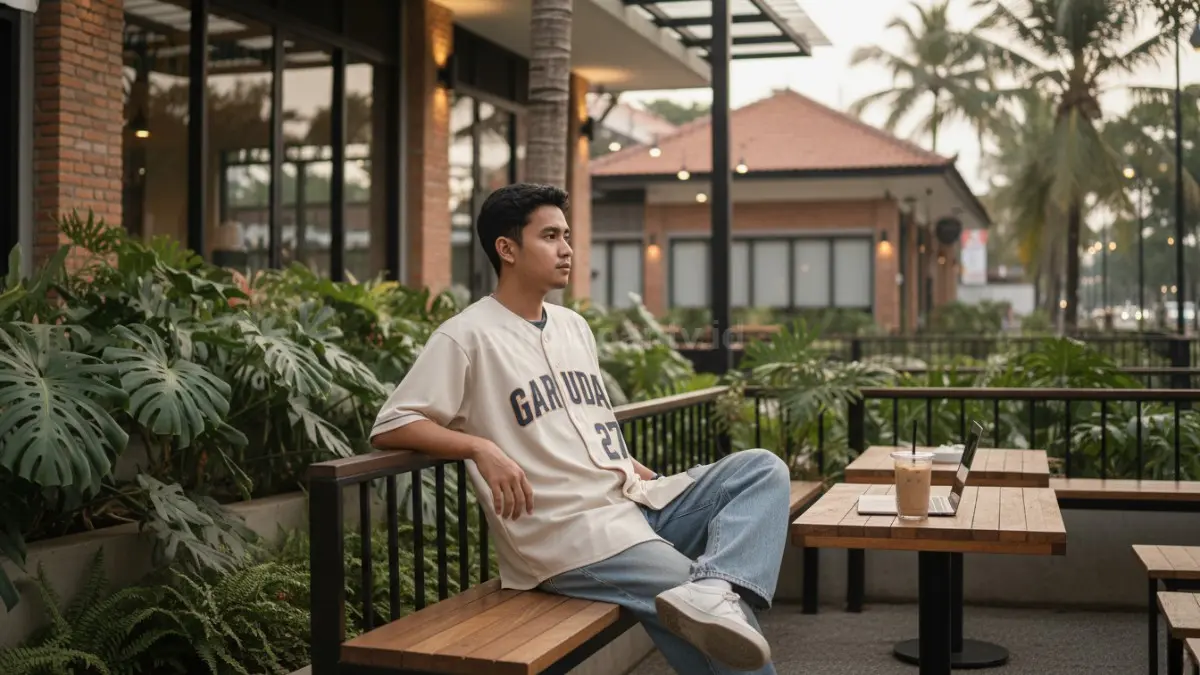 Jersey baseball cream dipadu denim loose fit hadirkan streetwear santai, bersih, nyaman untuk nongkrong sore modern.  (BTV/AI) 
