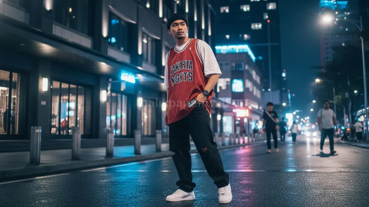 Jersey basket oversized dan baggy jeans hitam bikin outfit nongkrong malam terlihat sporty sekaligus modern dewasa. (BTV/AI) 
