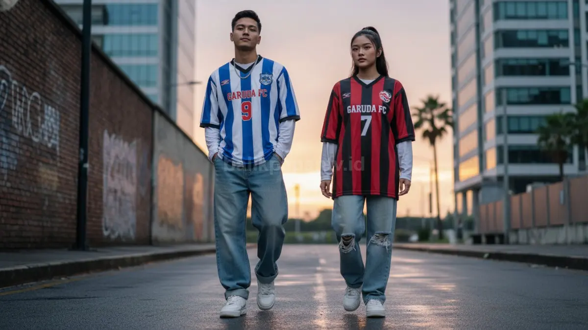 Jersey bola vintage dipadukan baggy jeans light blue bikin tampilan streetwear santai terlihat bersih dan modern.  (BTV/AI) 
