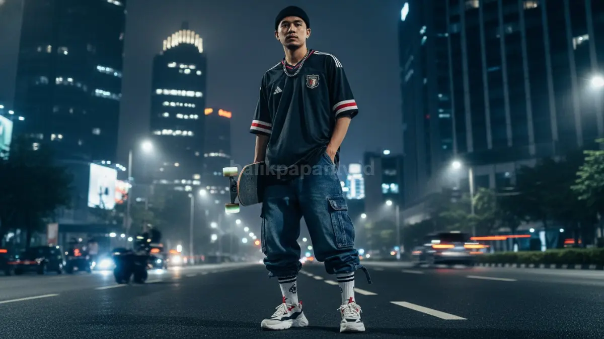 Jersey football oversized dan baggy cargo hadirkan streetwear aktif, rugged, cocok nongkrong malam modern stylish.  (BTV/AI) 
