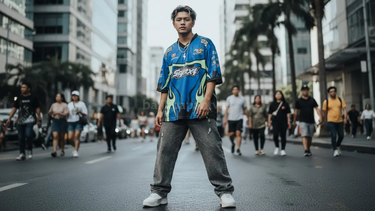 Jersey motif racing dan baggy jeans abu tampil standout untuk OOTD outdoor streetwear modern 2026. (BTV/AI) 

