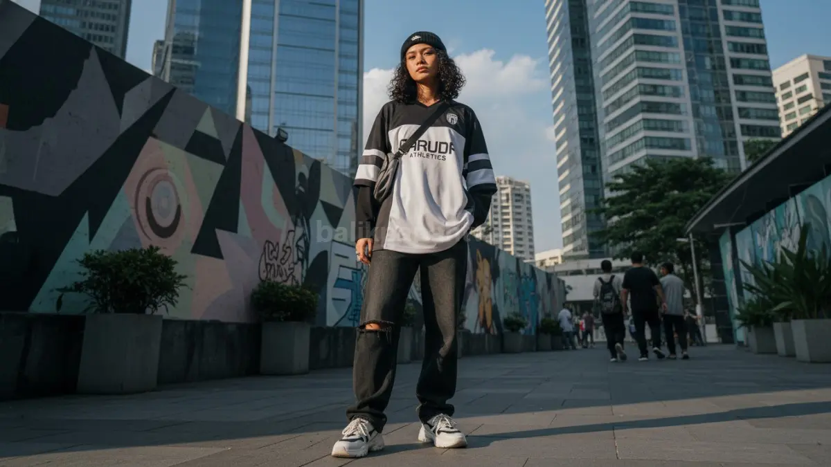 Jersey oversized monokrom dan baggy jeans gelap bikin streetwear rapi, santai, cocok dipakai harian modern. (BTV/AI) 
