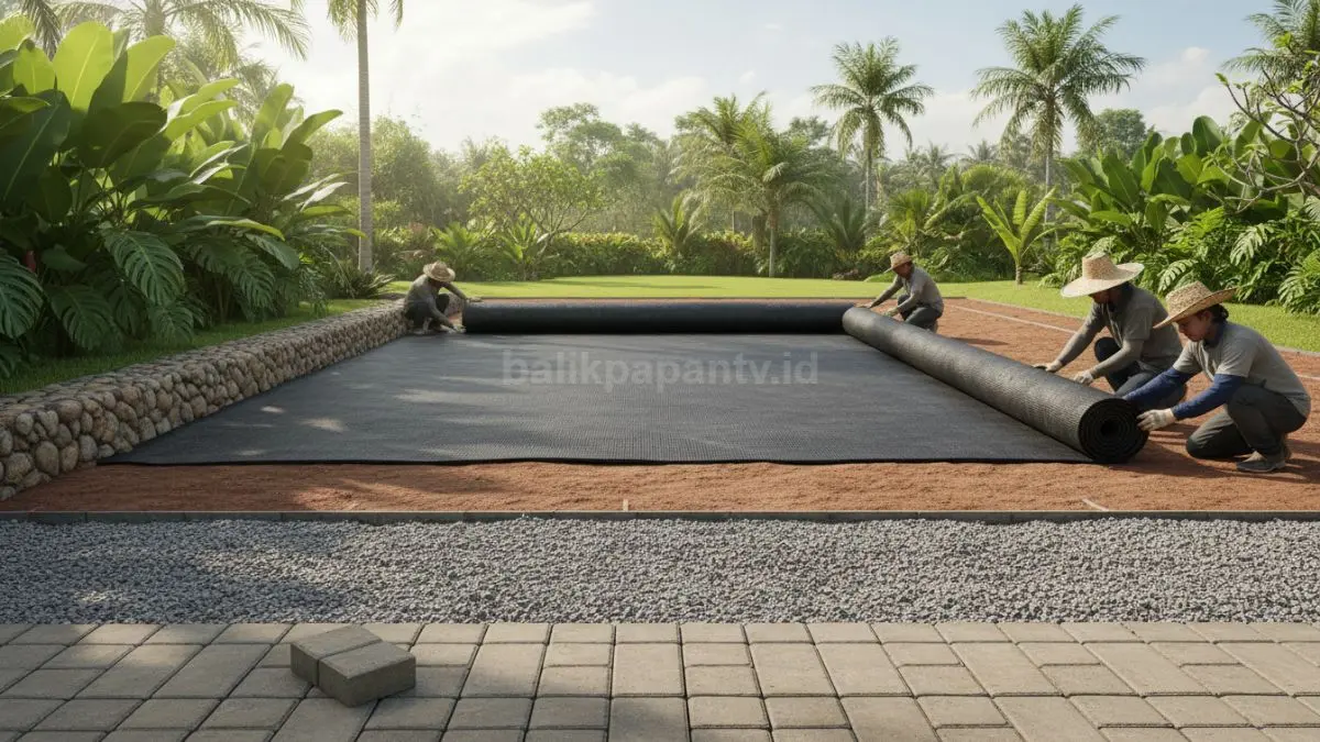 Kain geotekstil membantu menghambat gulma bawah paving sebagai solusi taman modern jangka panjang ramah lingkungan. (BTV/AI)