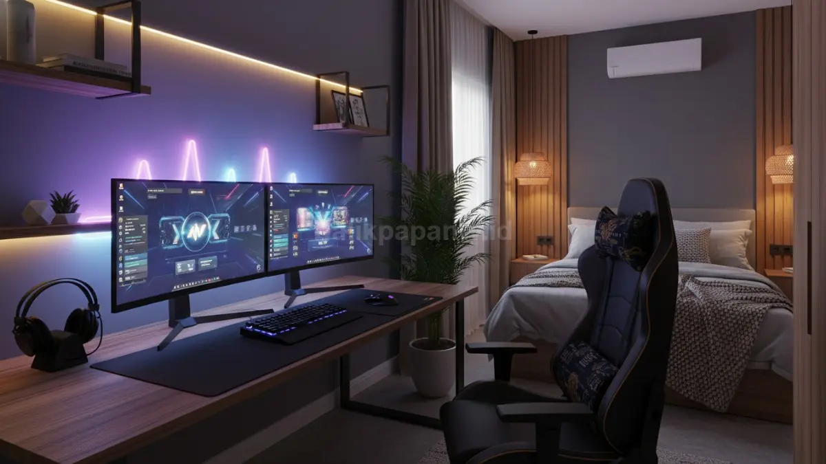 Kamar gaming modern dengan lampu LED ambient RGB dan pencahayaan hangat estetik tahun 2026 (BTV/Ai)