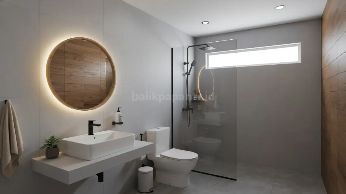 Kamar mandi estetik sederhana warna Abu-abu dengan pencahayaan hangat dan sekat kaca modern