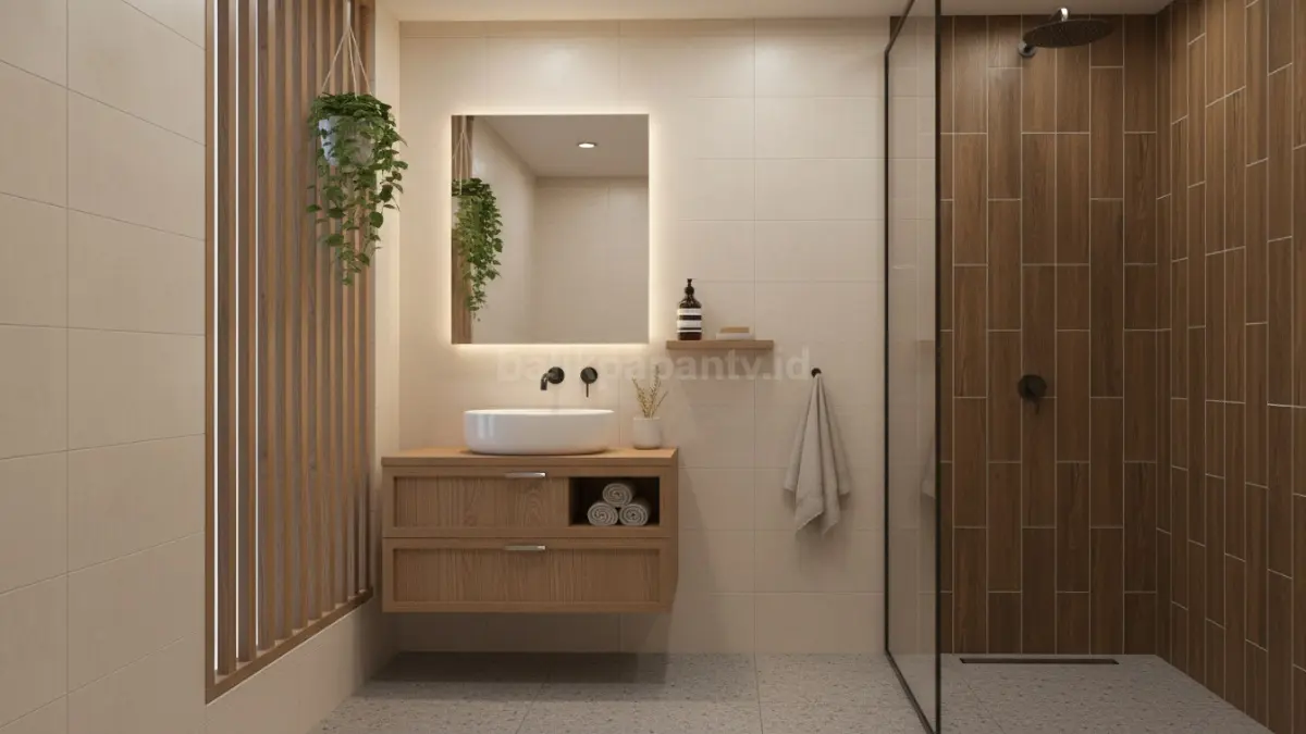 Kamar mandi estetik sederhana warna krem dengan pencahayaan hangat dan sekat kaca modern