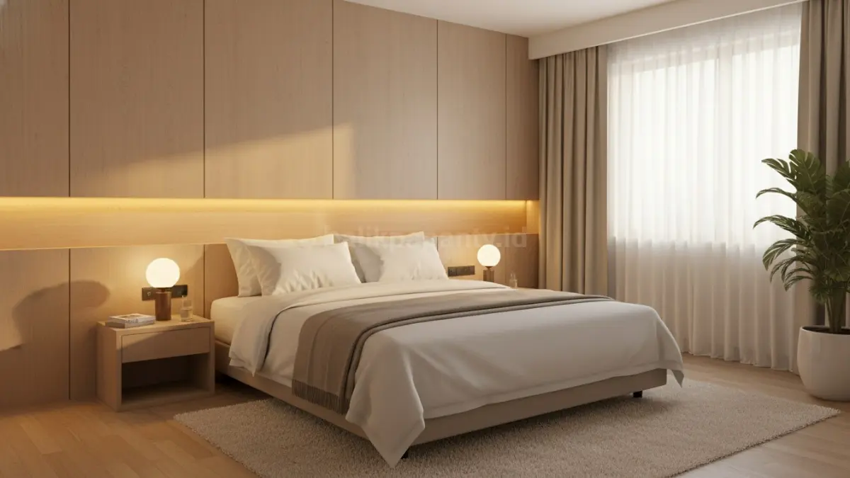 Kamar tidur hotel vibes minimalis dengan hidden lamp hangat dan sprei putih modern 2026 (BTV/Ai)