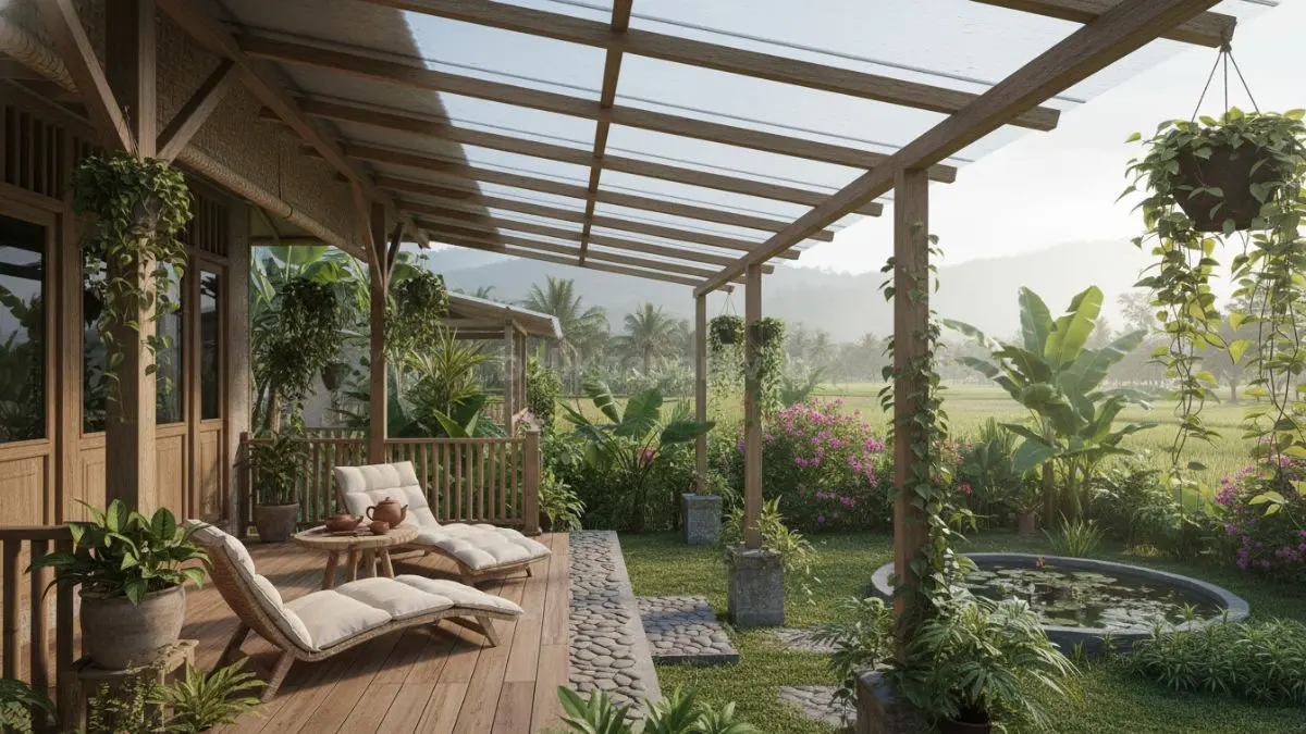 Kanopi polycarbonate transparan membuat teras terang alami, tetap teduh, sekaligus membantu air hujan cepat mengalir.