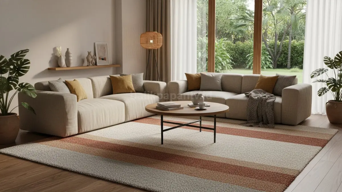 Karpet minimalis premium warna earth tone di ruang tamu modern yang terasa cozy dan hangat (BTV/Ai)
