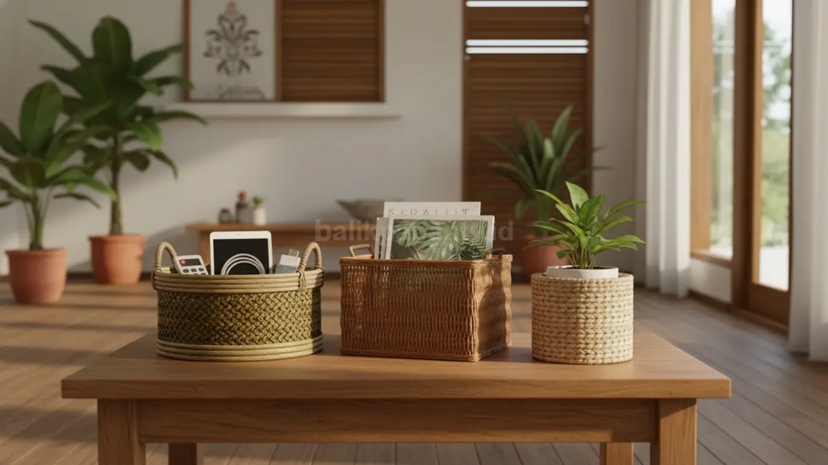 Keranjang anyaman handmade menghadirkan ruang tropis hangat, rapi, natural, multifungsi, dan aesthetic modern minimalis. (BTV/AI)
