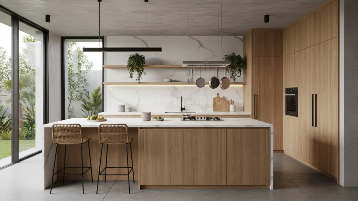 Kitchen island minimalis warna kayu natural dengan lampu gantung warm white di dapur modern rumah urban. (BTV/Ai)
