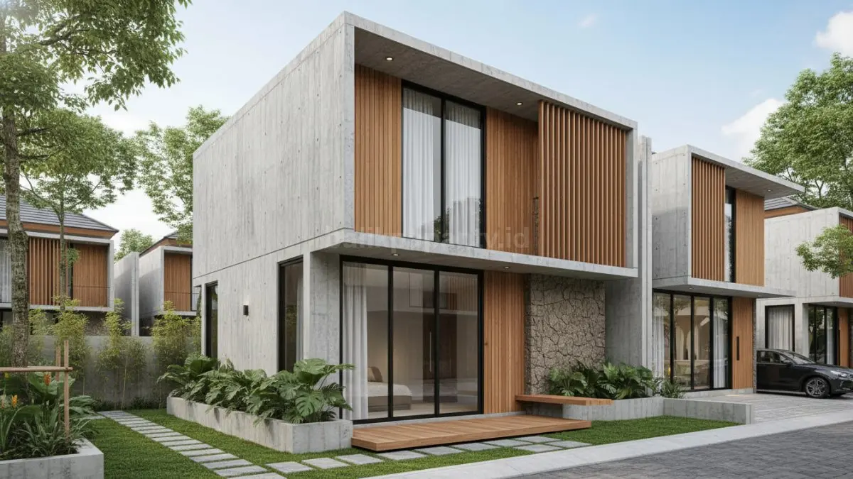Kombinasi kayu dan beton ekspos bikin rumah compact urban terasa hangat sekaligus kokoh.. (BTV/Ai)