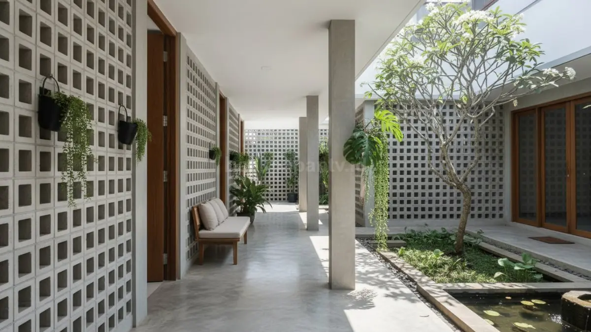 Koridor terbuka membantu sirkulasi udara rumah lebih lancar sekaligus memberi kesan lebih lega dan alami. (BTV/Ai)