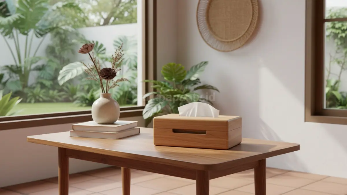Kotak tisu kayu minimalis modern mempercantik meja tamu aesthetic, menghadirkan nuansa hangat elegan rumah 2026. (BTV/AI)
