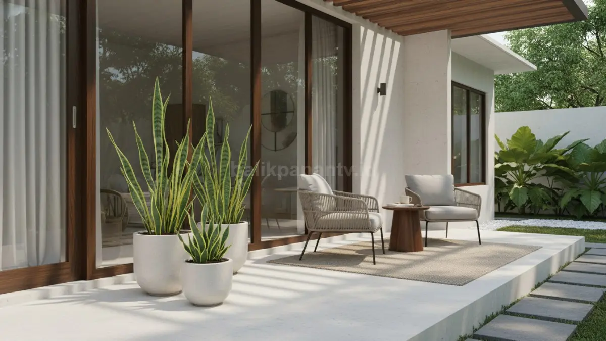 Lidah mertua mempercantik teras rumah, tahan minim air, sekaligus membantu menyegarkan udara dalam ruangan alami.