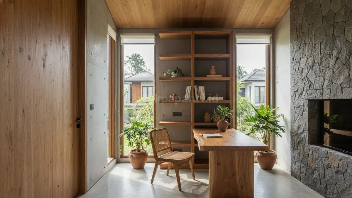 Material natural seperti kayu dan beton ekspos menciptakan ruang kerja rumah yang lebih nyaman dan fokus. (BTV/Ai)