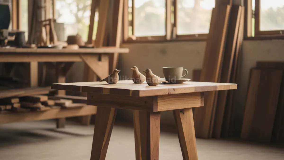 Meja kecil kayu handmade menghadirkan nuansa hangat, natural, eksklusif, dan aesthetic modern tahan lama minimalis. (BTV/AI)
