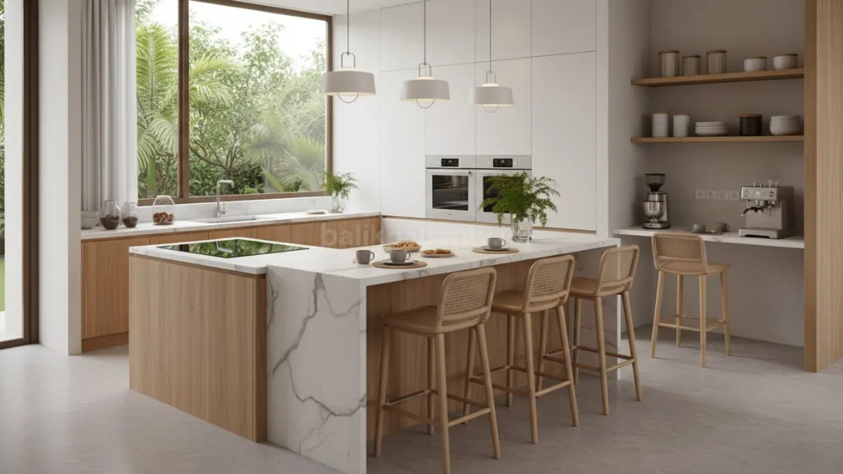 Model kitchen island mini multifungsi untuk dapur kecil rumah minimalis modern. (BTV/Ai)