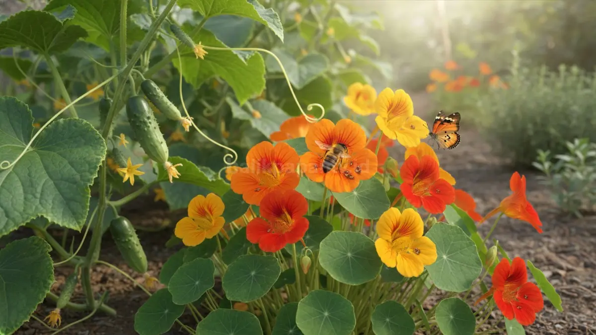 Nasturtium membantu mengalihkan hama dari timun sekaligus menarik penyerbuk alami ke kebun rumah. (BTV/AI)