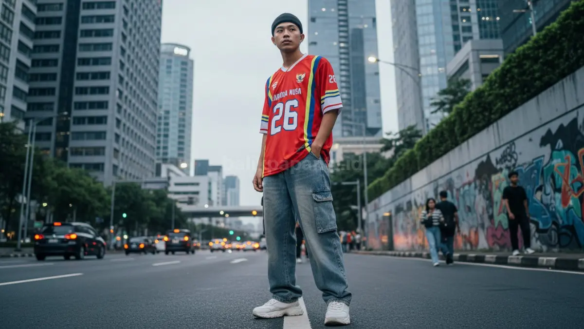 Outfit oversized jersey dan baggy jeans makin digemari karena nyaman, santai, dan cocok gaya streetwear modern 2026. (BTV/AI) 
