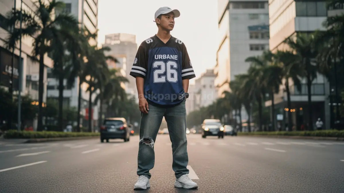 Outfit oversized jersey dipadukan baggy jeans tampil santai modern untuk streetwear harian 2026 (BTV/AI) 
