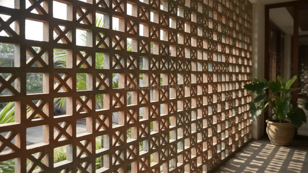 Panel keramik berlubang geometris membantu sirkulasi udara alami sekaligus menjaga privasi ruang tetap nyaman dan teduh. (BTV/AI)
