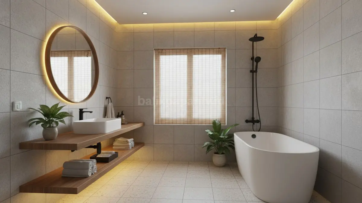 Pencahayaan warm white berpadu natural white membuat kamar mandi terasa rileks, hangat, nyaman, sekaligus terlihat modern elegan.