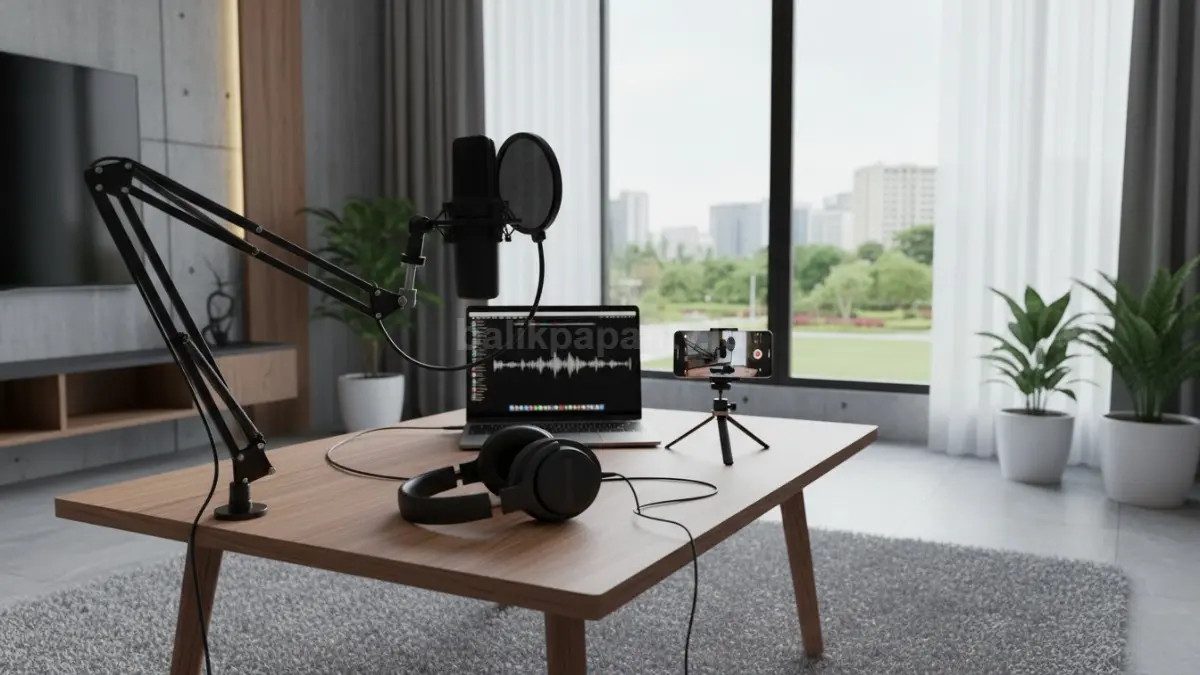 Peralatan sederhana konten menyanyi di rumah mulai dari mikrofon, tripod, hingga headphone monitoring
