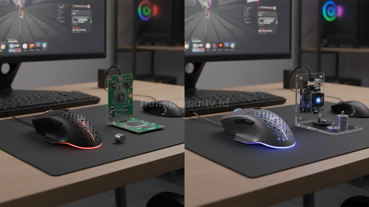 Perbandingan mouse gaming murah dan premium di meja setup, memperlihatkan perbedaan desain, sensor, dan bobot perangkat. (BTV/Ai)
