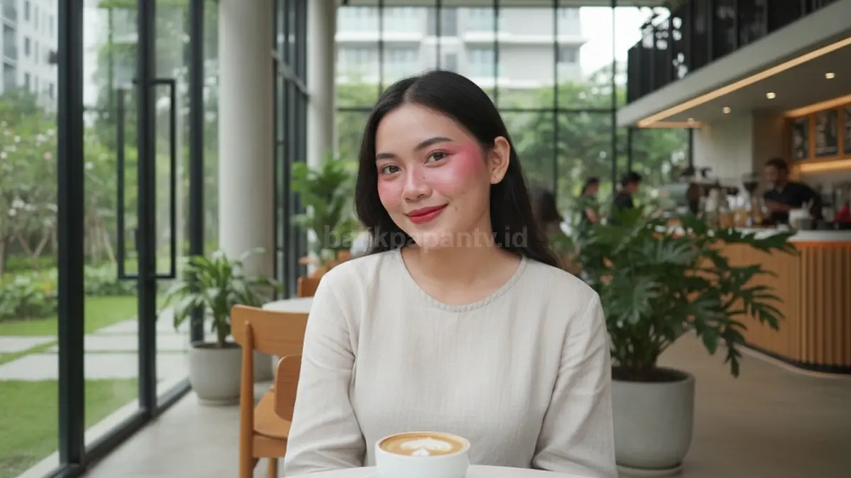 Perempuan memakai strawberry makeup natural dengan blush pink segar di coffee shop modern
