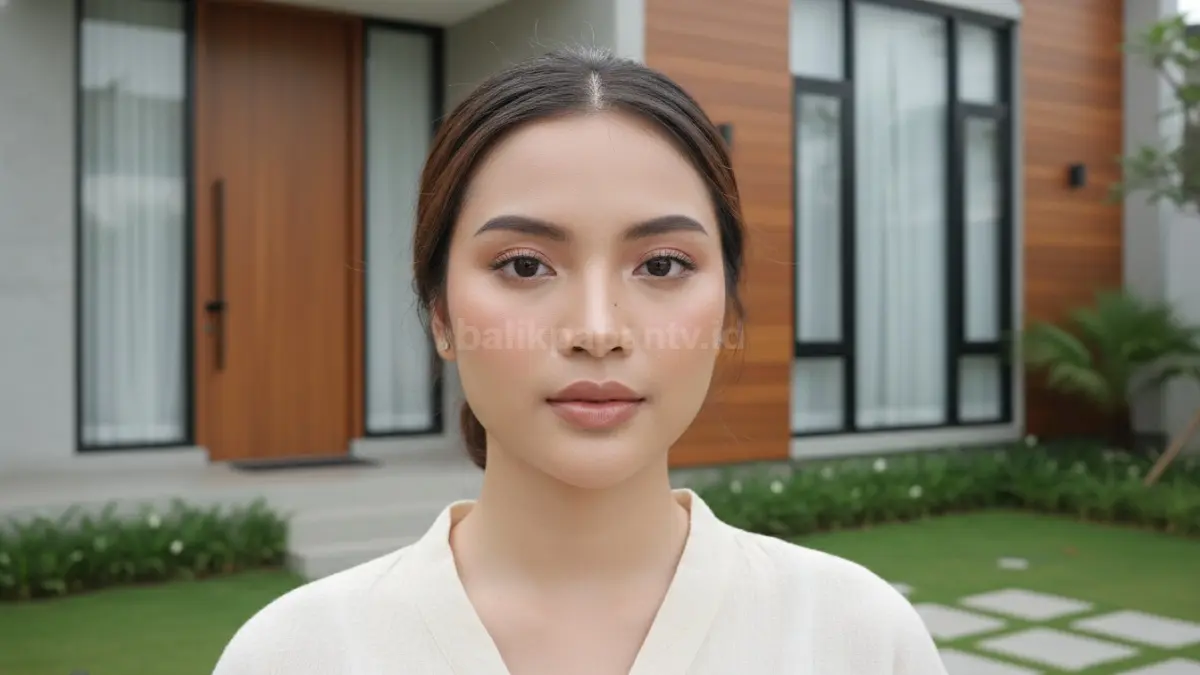 Perempuan memakai warna lip milky nude glossy dengan makeup natural modern
