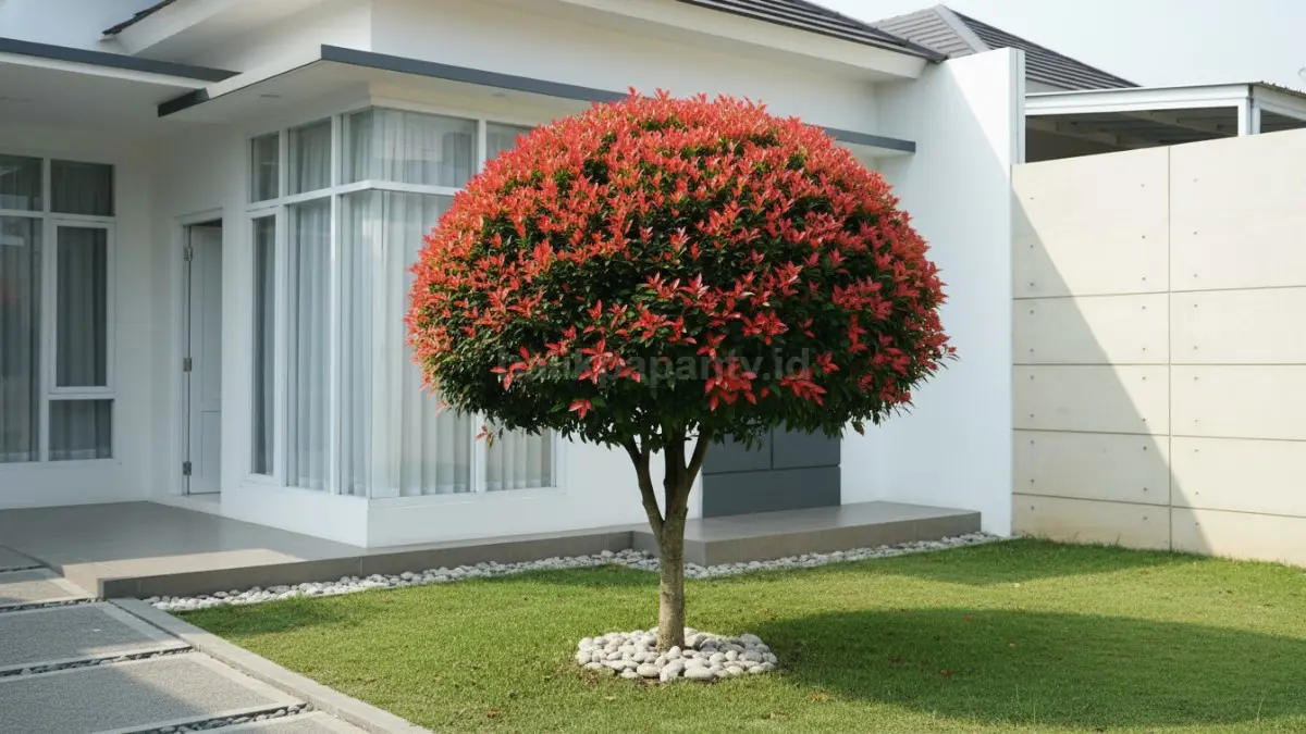 Pohon hias outdoor pucuk merah di halaman rumah minimalis modern tropis yang teduh dan rapi