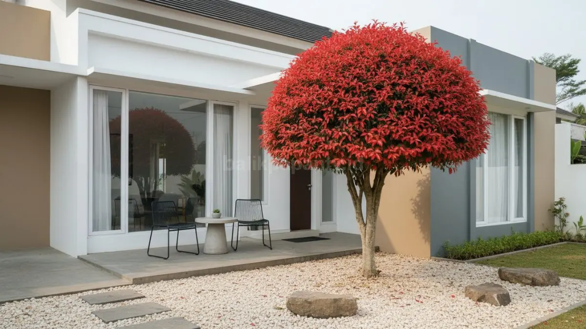 Pucuk merah dibentuk menjadi pohon tunggal dengan tajuk bulat, memberi aksen modern minimalis rumah estetis