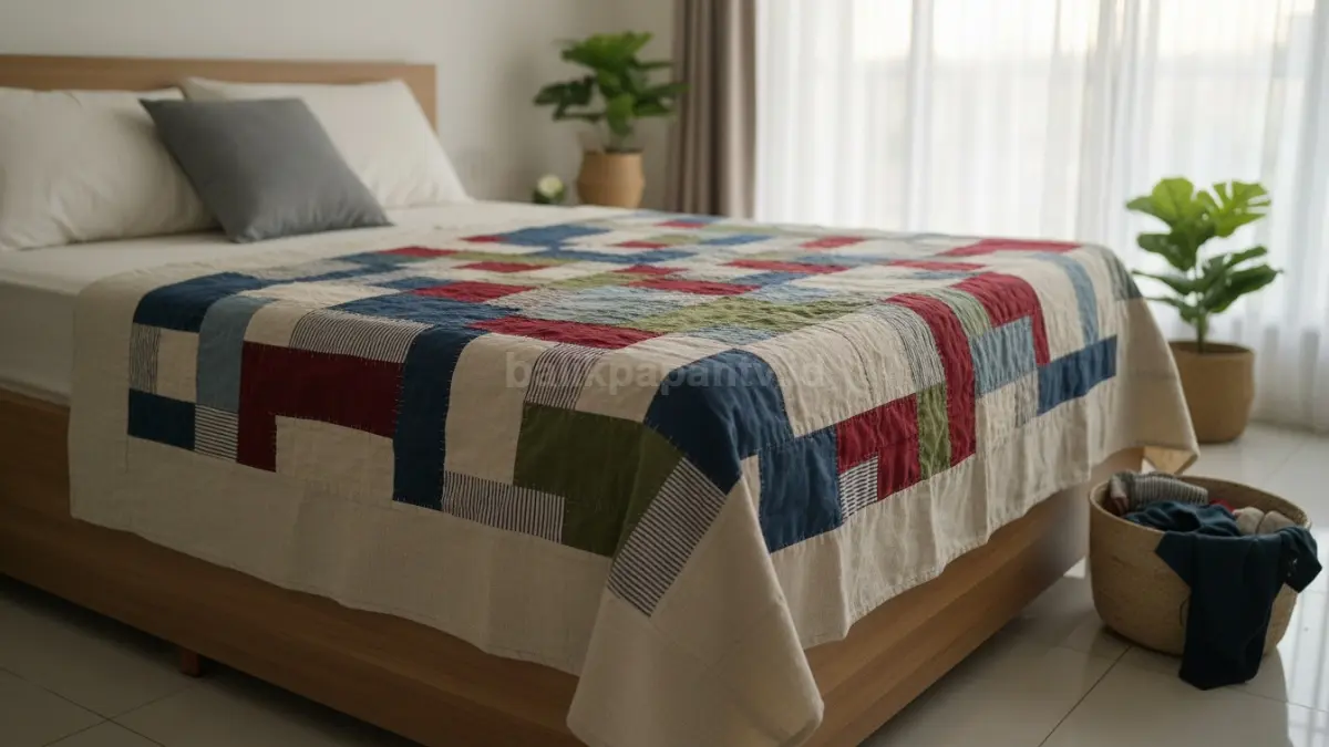 Quilt patchwork modern menghadirkan dekorasi hangat, ramah lingkungan, unik, nyaman, dan aesthetic bernuansa handmade elegan. (BTV/AI)

