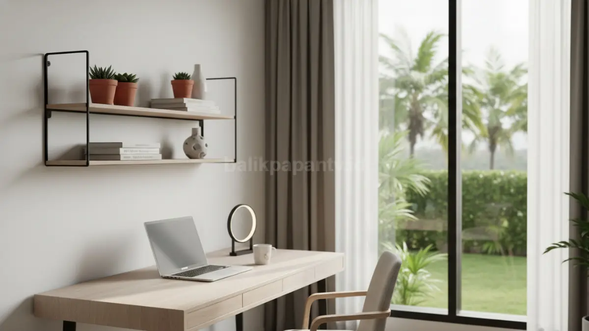 Rak besi tipis industrial menghadirkan tampilan modern ringan, cocok dipadukan meja kerja minimalis ruang kecil. (BTV/AI)
