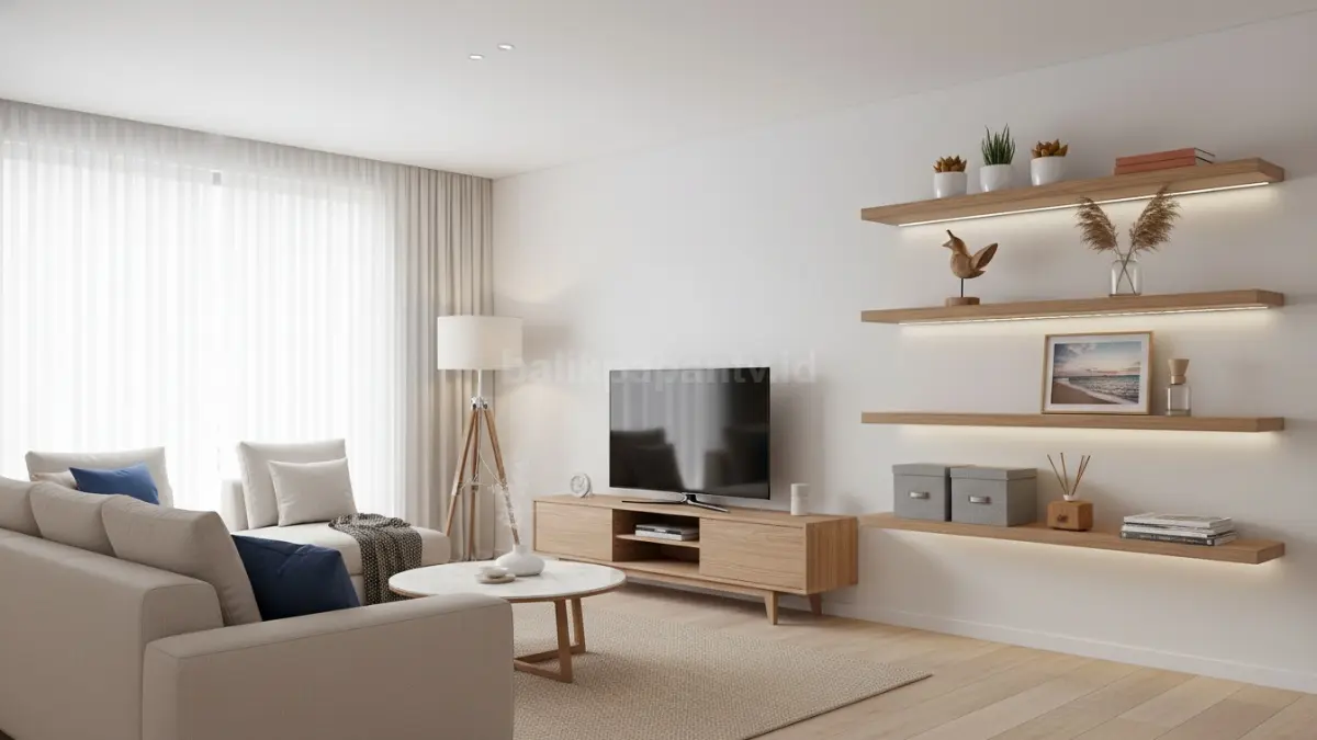  Rak dinding floating shelf kayu modern dengan lampu LED ambient di ruang tamu minimalis estetik (BTV/Ai)
