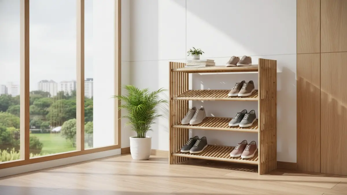 Rak sepatu bambu minimalis modern di sudut rumah kecil dengan desain estetik dan hemat ruang
