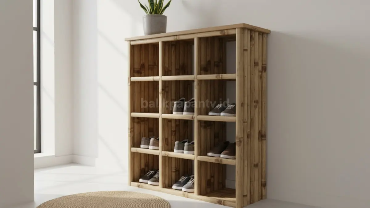 Rak sepatu bambu vertikal dengan konsep natural cocok untuk area masuk rumah minimalis
